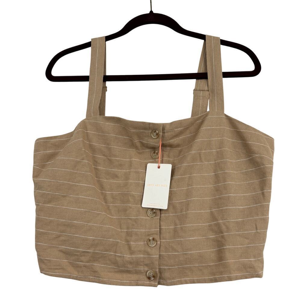 Skies Are Blue Crop Tank Top Size‎ L Beige Stripe Linen Blend Smocked Back